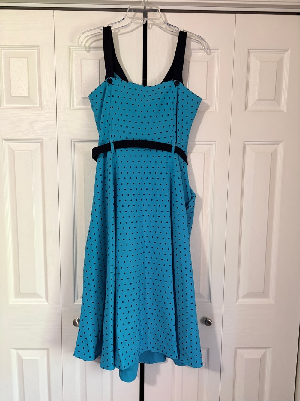Tatyana Teal Polka Dot Midi Dress with Black Trim - Picture 3 of 3